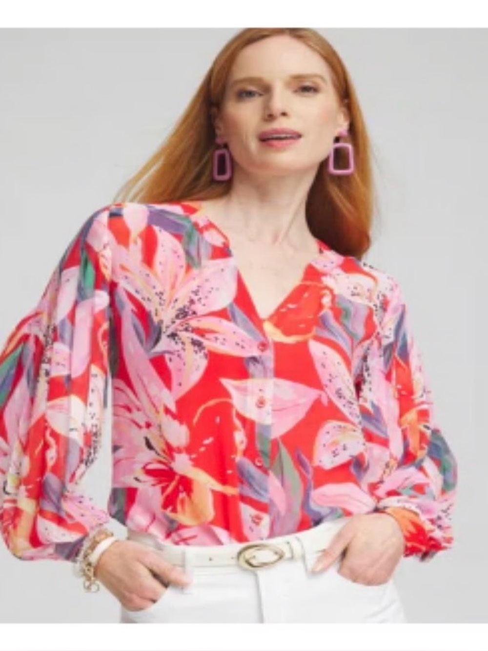 Chico's Pleated Sleeve Blouse Dream Lily In Watermelon Punch Size 3.5 Womens 18